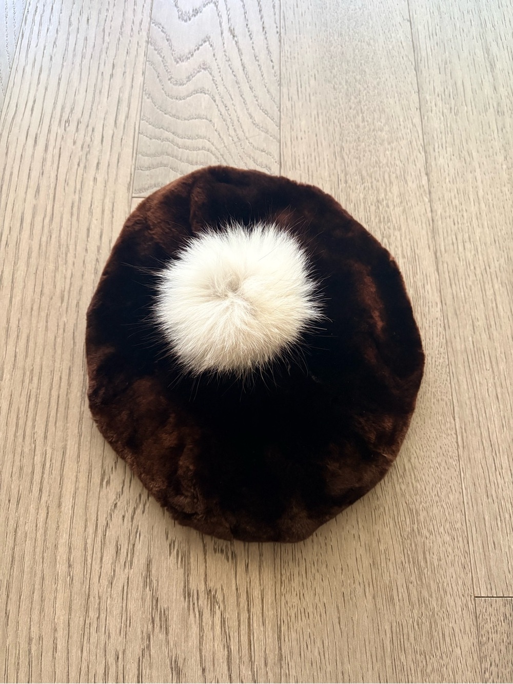 Brown Fur Beret with Cream Pom